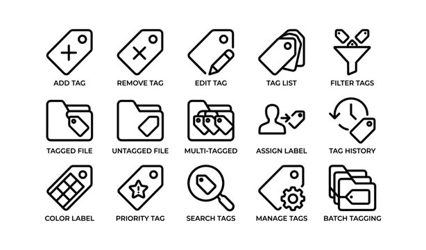 Tagging system icons: file management, labeling, and tagging workflow