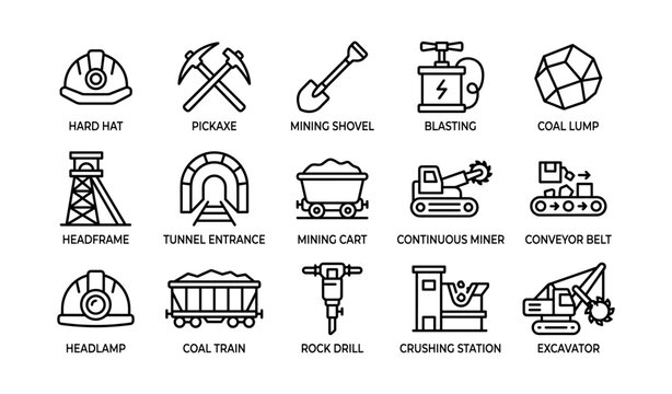 Mining equipment icons: hard hat, pickaxe, shovel, blasting, coal lump, headframe, mining cart