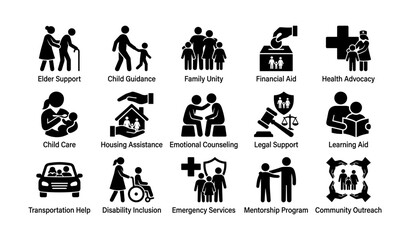 Fototapeta premium Community support services icons depicting various social aid and assistance programs