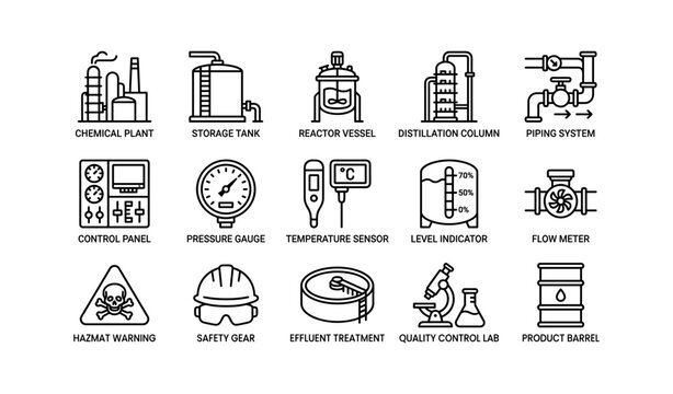 Industrial equipment icons: chemical plant, storage tank, reactor, distillation column, piping system
