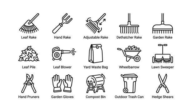 Gardening tool icons: rakes, blower, wheelbarrow, pruners, and gloves