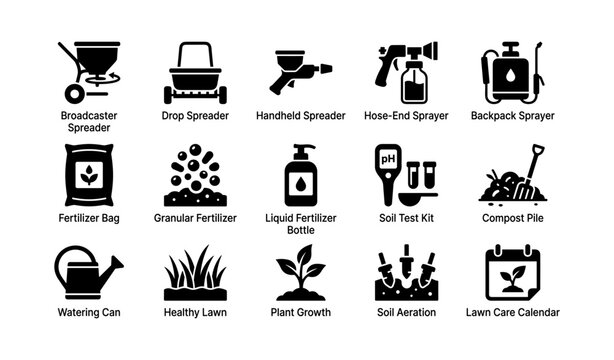 Icons of garden tools and supplies for effective lawn care