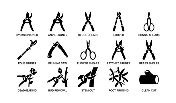 Variety of garden pruning tools icons: pruners, shears, saws, and more