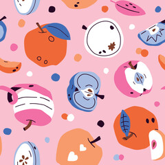 Fototapeta premium Seamless pattern with abstract apples, slices and seeds on soft pink background. Modern flat vector illustration in Scandinavian style for kids, textile, childish wrapping paper and packaging design.