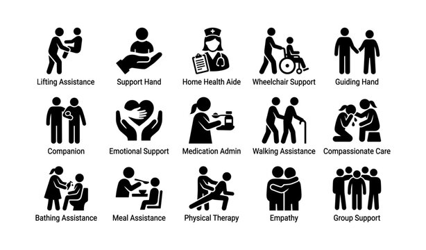 Icons depicting assistance and support services in healthcare