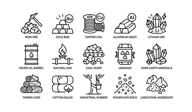 Essential industrial materials and minerals icons collection