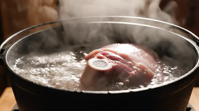 Close-up shot of raw pork hock cooking in a black pot of boiling water, steam rising