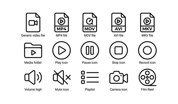 Multimedia icons collection: video formats, media controls, and camera symbols