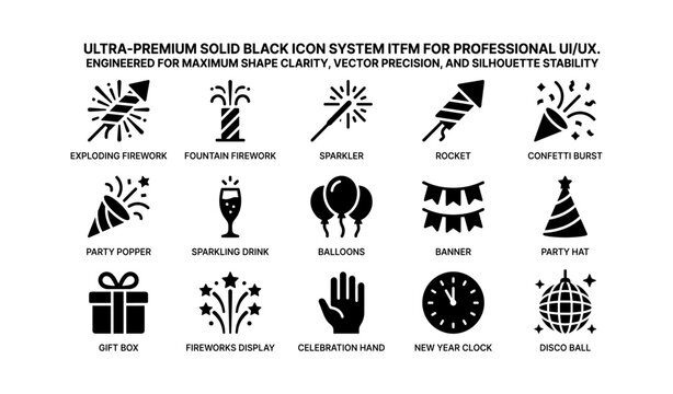 Collection of celebratory icons for fireworks, balloons, and party items