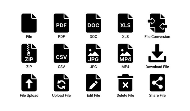 Set of common file type icons and functions in black and white