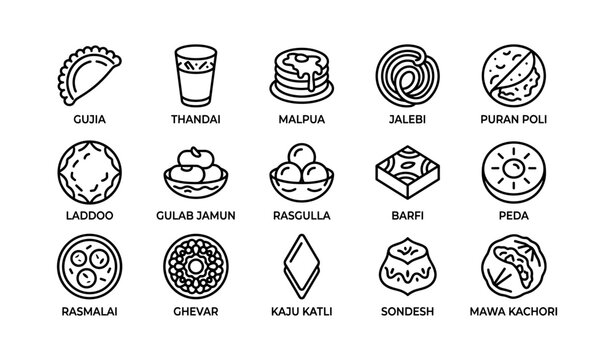 Traditional indian sweets icons: gujia, malpua, jalebi, and more