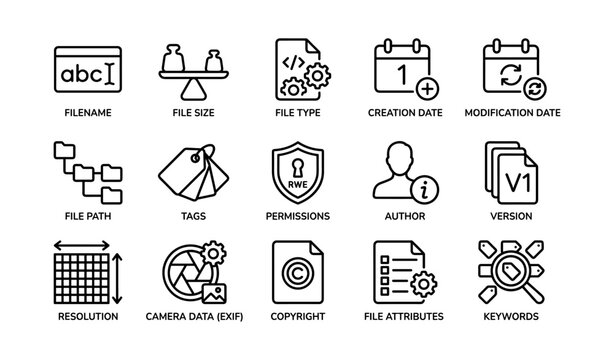 File management icons: metadata, permissions, attributes, keywords, resolution, copyright