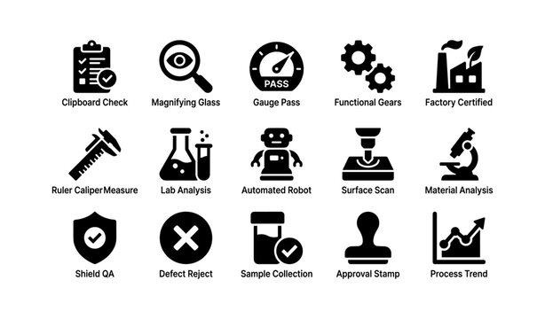 Industrial quality control icons with various tools and certifications