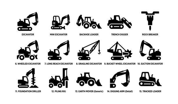 Illustrated construction machinery icons featuring excavators and loaders
