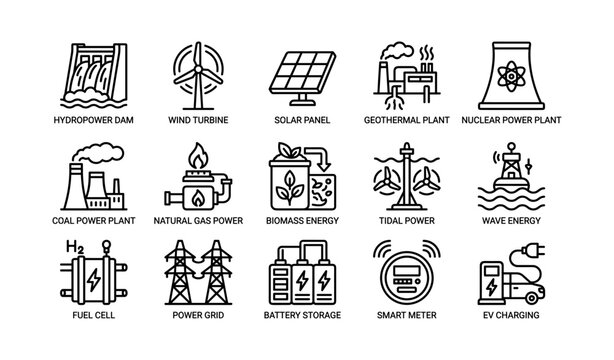 Renewable and non-renewable energy icons: solar, wind, nuclear, geothermal, biomass, coal