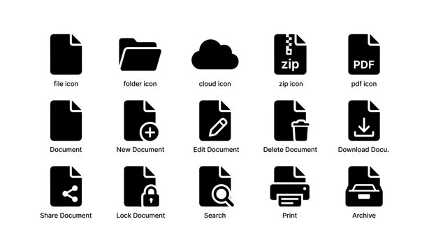 Document and file management icons in black and white
