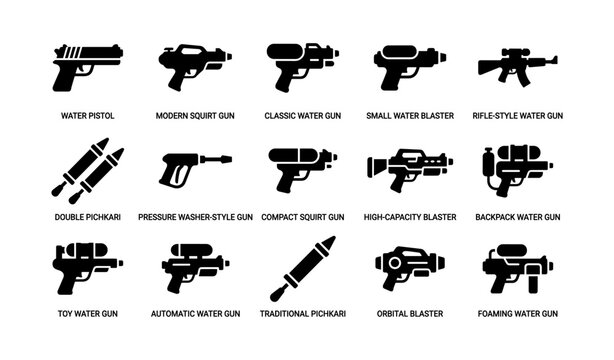 Variety of water guns and blasters icons set with labels