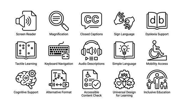 Inclusive accessibility icons featuring tools for enhanced learning and support