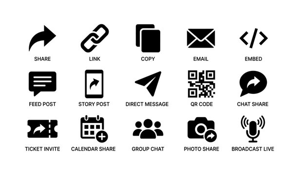 Communication and sharing icons: share, link, copy, email, embed