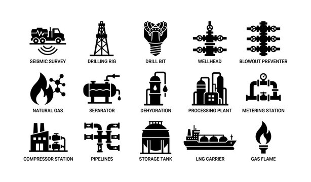 Energy infrastructure icons: seismic survey, drill bit, lng carrier, gas flame, processing plant