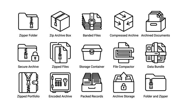 Icons of zipper folders and archived files for secure and compressed storage