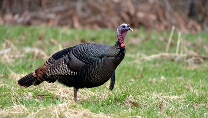 Fototapeta premium A male Wild Turkey (Meleagris gallopavo) standing in a grassy clearing near a woodland edge.