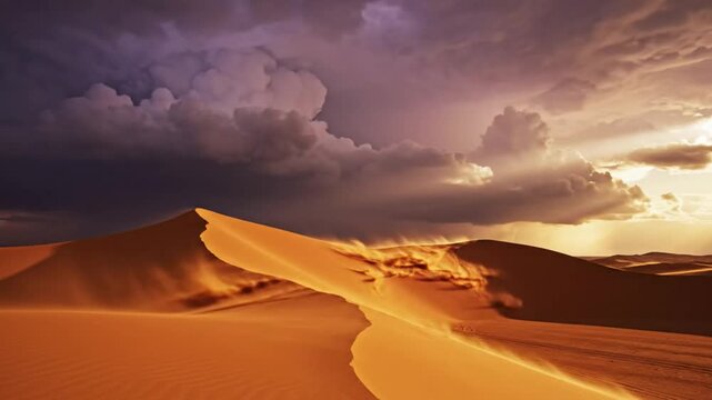Dramatic desert sand dunes landscape under a moody stormy sky with sun rays shining through clouds