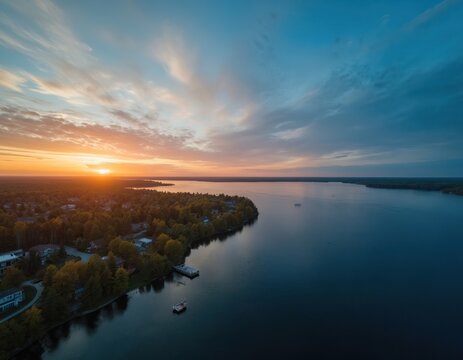 Aerial view of lake at sunset. Sun glows over trees and houses along shore. Calm water reflects orange and blue sky colors. Horizon shows distant land.