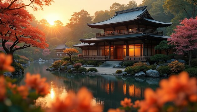 Tranquil Japanese garden with traditional tea house structure. Water reflects warm sunset light on trees and building. Peaceful asian landscape with zen beauty.