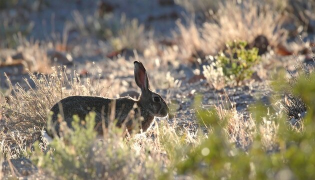A Black-tailed Jackrabbit (Lepus californicus) sitting in dry desert scrubland illuminated by golden hour sunlight.