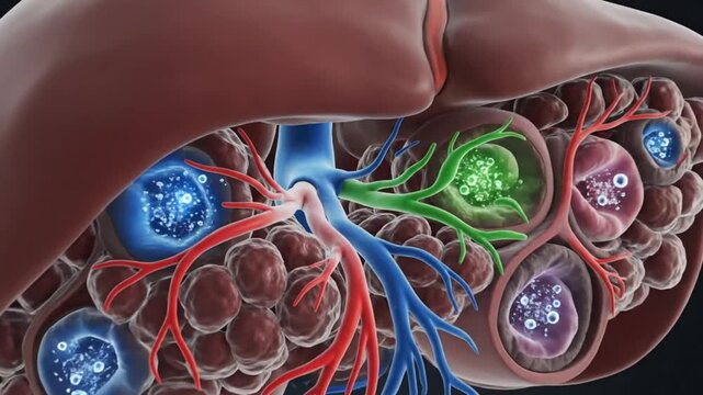 Anatomical Illustration of the Human Liver Showing Blood Vessels and Liver Cells with Dynamic Structures