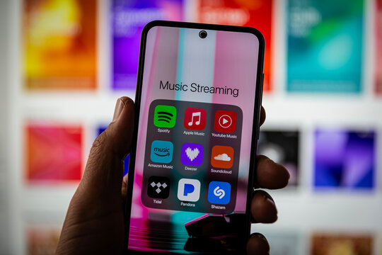 Smartphone Screen Showing Music Streaming Apps Including Spotify Apple Music Youtube Music And More.Mobile Interface Featuring Popular Audio Platforms For Listening And Digital Music Services 