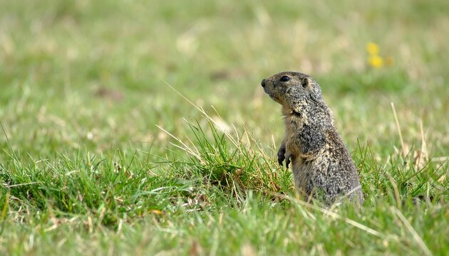 An alert Groundhog (Marmota monax) standing upright on its hind legs in a green grassy field near its burrow.