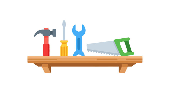 Essential tools collection on shelf: hammer, screwdriver, wrench, and saw