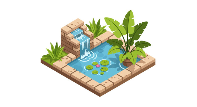 Tranquil isometric garden pond with waterfall and greenery