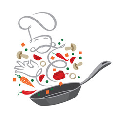 Fototapeta premium cooking process of vegetables on pan isolated on white background
