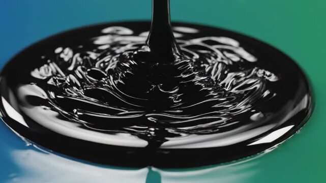Black viscous liquid pouring and creating ripples on a smooth surface with blue and green color gradient