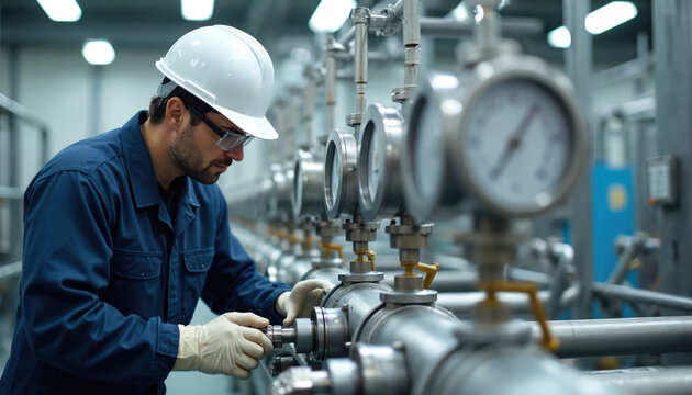 Man in hard hat adjusts gauges on metal pipes inside factory. He wears safety glasses and gloves checking industrial equipment. Technician works with pipes and valves in production plant.