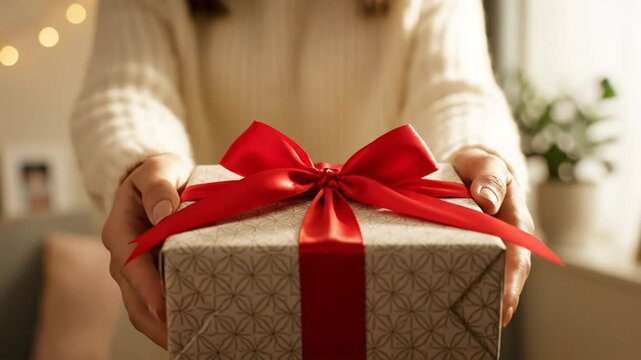 Woman holding out a beautifully wrapped gift box with a bright red bow, ready to be presented