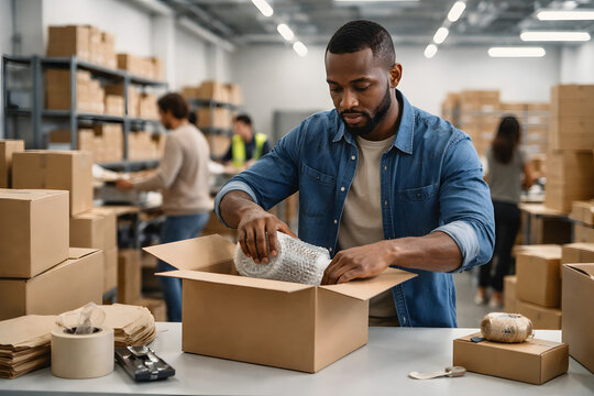 Warehouse Worker Packing Shipping Box in Modern 3PL Fulfillment Center