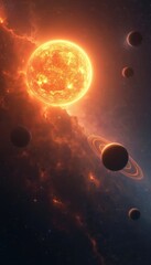 Fototapeta premium Fiery sun and planets in deep space nebula. Ringed planet orbits star system. Cosmic scene with distant stars and gas clouds. Galactic travel background.