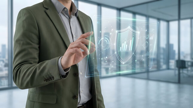 Business professional interacting with a transparent insurance dashboard, representing climate risk insurance, analytics, and strategic disaster coverage decisions