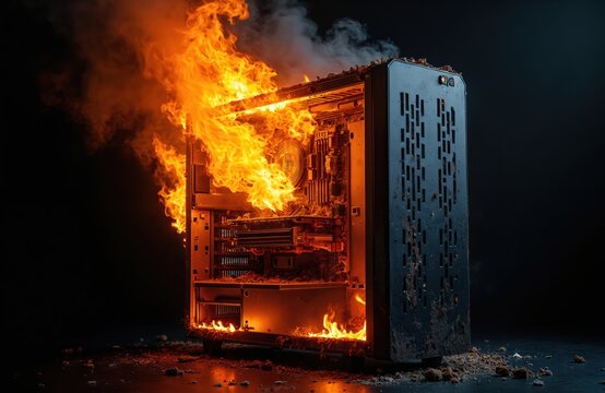 Computer case on fire. Internal hardware burning with flames and smoke. High temperature overload causing system failure and damage. Danger warning for electrical equipment malfunction.