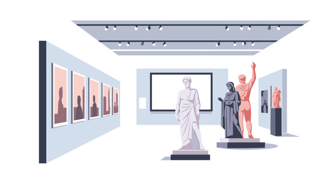 Modern art gallery with classical sculptures and framed artwork