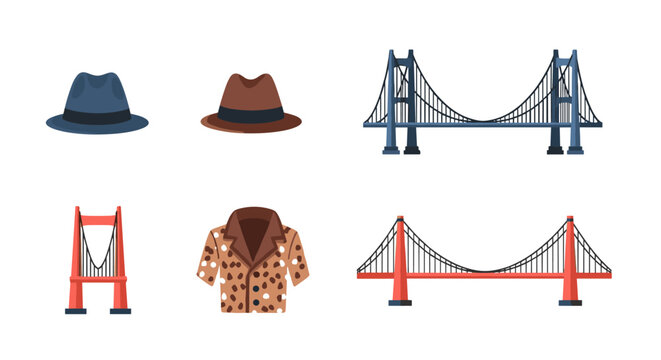 Collection of hats and bridges with leopard print jacket in flat