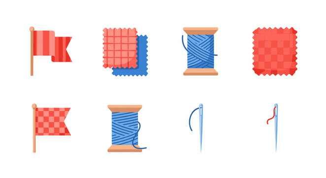 Sewing elements set: needles threads and fabric swatches in flat style