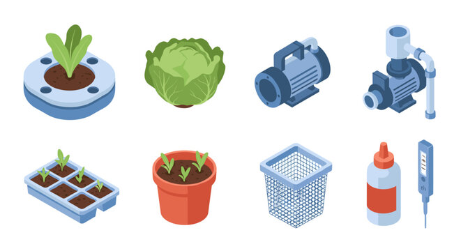 Isometric gardening and hydroponics equipment set with tools and