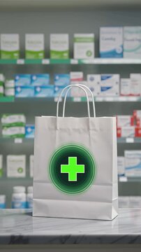 A shopping bag with a medical cross against the background of a blurred pharmacy