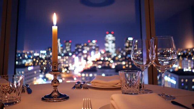 Romantic dining table setup with lit candle and wine glasses overlooking a city skyline at night
