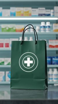 A shopping bag with a medical cross against the background of a blurred pharmacy